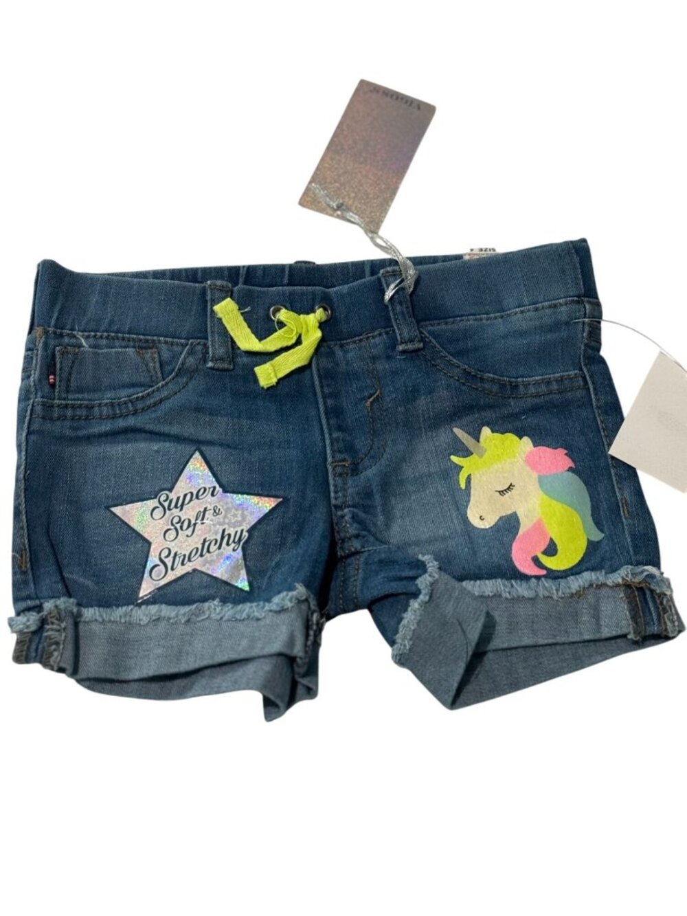 Vigoss Girls Denim Shorts With Unicorn Print & Star Patch Size 4